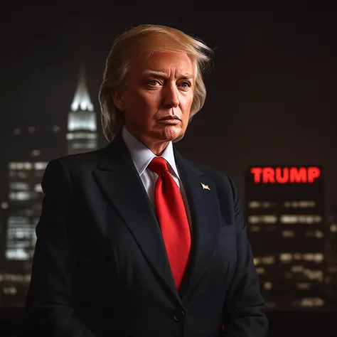 make a highly detailed live action portrait photo of Donald Trump as female a fine suit with red tie, dark city light background with botch effect