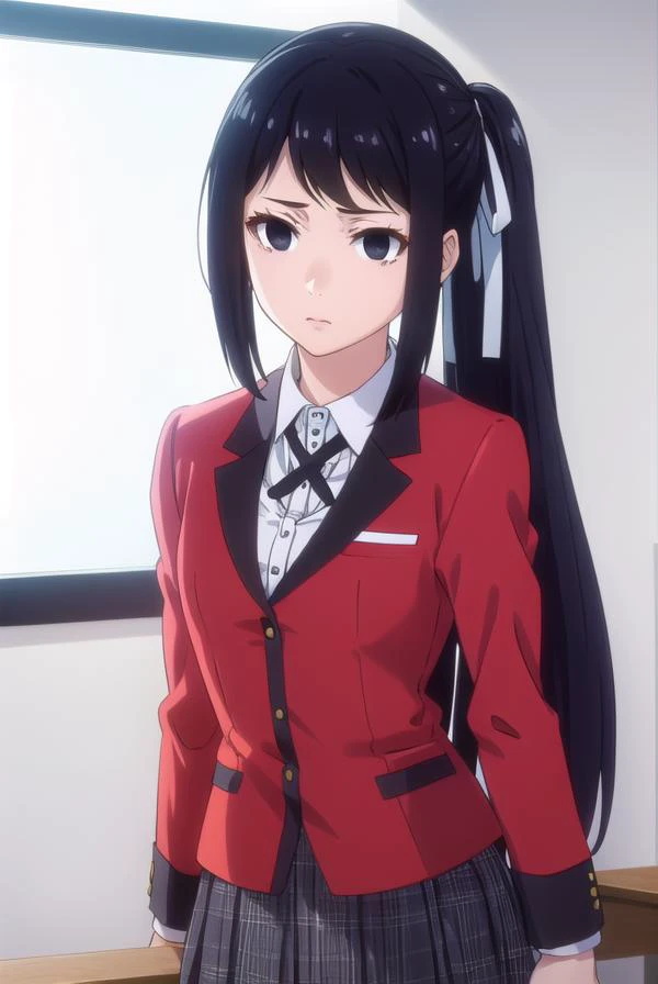 sayakaigarashi, <lora:sayaka igarashi s2-lora-nochekaiser:1>,
sayaka igarashi, long hair, black hair, hair ribbon, ponytail, (black eyes:1.5), empty eyes, side ponytail,
BREAK skirt, shirt, school uniform, jacket, white shirt, pleated skirt, collared shirt, black skirt, blazer, (red jacket:1.5),
BREAK indoors, classroom,
BREAK looking at viewer, (cowboy shot:1.5),
BREAK <lyco:GoodHands-beta2:1>, (masterpiece:1.2), best quality, high resolution, unity 8k wallpaper, (illustration:0.8), (beautiful detailed eyes:1.6), extremely detailed face, perfect lighting, extremely detailed CG, (perfect hands, perfect anatomy),