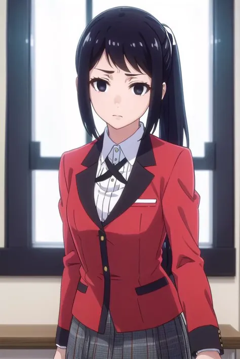 sayakaigarashi, <lora:sayaka igarashi s2-lora-nochekaiser:1>,
sayaka igarashi, long hair, black hair, hair ribbon, ponytail, (black eyes:1.5), empty eyes, side ponytail,
BREAK skirt, shirt, school uniform, jacket, white shirt, pleated skirt, collared shirt, black skirt, blazer, (red jacket:1.5),
BREAK indoors, classroom,
BREAK looking at viewer, (cowboy shot:1.5),
BREAK <lyco:GoodHands-beta2:1>, (masterpiece:1.2), best quality, high resolution, unity 8k wallpaper, (illustration:0.8), (beautiful detailed eyes:1.6), extremely detailed face, perfect lighting, extremely detailed CG, (perfect hands, perfect anatomy),