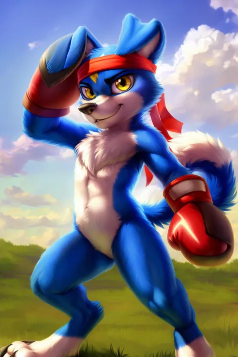 <lora:gaomon-07:1>, gaomon, solo, yellow eyes, (pose:1.3), (posing:1.3), (soft shading), 4k, hi res, ((detailed face, (detailed eyes:1.0), detailed)), (full body), by zackarry911, by zaush, (by personalami:0.5), smile, headband, meadow, boxing gloves, fighting stance,
