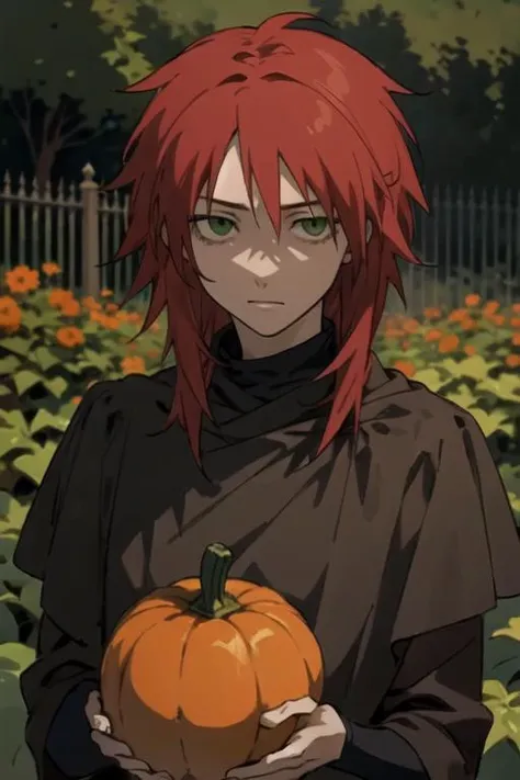 masterpiece, best quality, , 1girl, solo, looking at viewer, upper body, , anime coloring, realistic, <lora:havoc_darker_than_black:0.66>, havoc_darker_than_black, red hair, green eyes, , , pumpkin costume, garden, 32k resolution