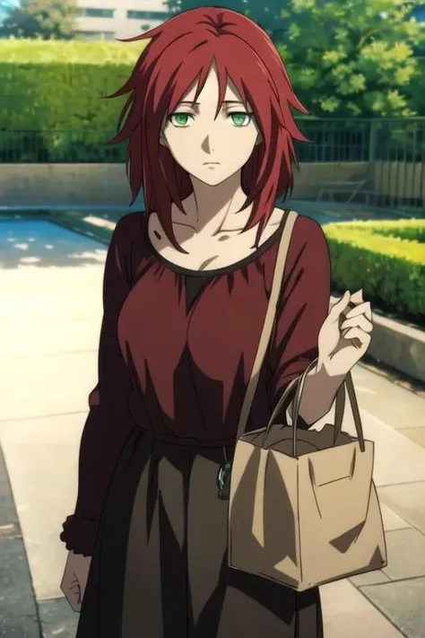 masterpiece, best quality, illustration, 1girl, solo, looking at viewer, , depth of field, , realistic, <lora:havoc_darker_than_black:0.66>, havoc_darker_than_black, red hair, green eyes, bags under eyes,