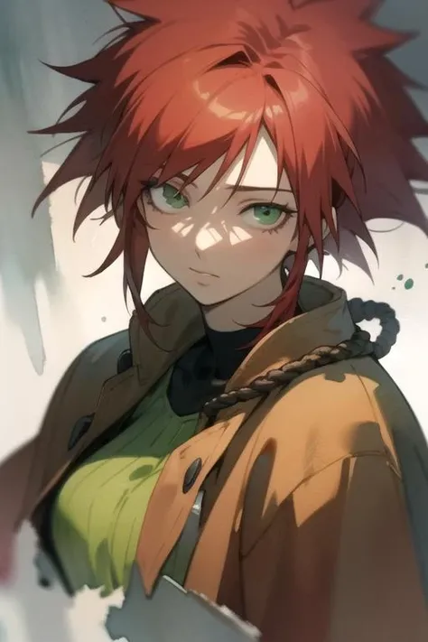 masterpiece, best quality, photorealistic, 1girl, solo, looking at viewer, upper body, depth of field, (watercolor illustration, soft pastel colors:1.1), , <lora:havoc_darker_than_black:0.66>, havoc_darker_than_black, red hair, green eyes, , spiked hair, firefighter costume, rope bridge, 2k resolution