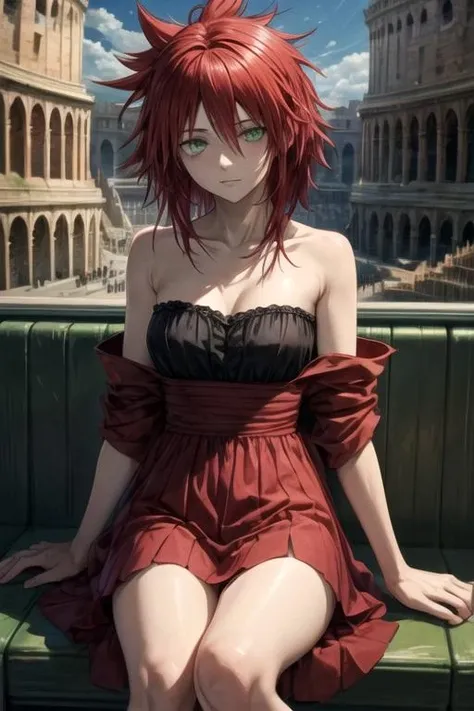 masterpiece, best quality, wallpaper, 1girl, solo, looking at viewer, , , ligne claire, , <lora:havoc_darker_than_black:0.70>, havoc_darker_than_black, red hair, green eyes, bags under eyes, spiked hair, , colosseum,