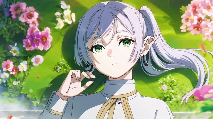 <lora:GoodHands-beta2:1>,<lora:frieren-lora-nochekaiser:1>,frieren,solo,1girl,solo_focus,looking_at_viewer,sexy pose,long hair,twintails,(green eyes:1.5),grey hair,pointy ears,elf,shirt,long sleeves,jewelry,pantyhose,earrings,striped,black pantyhose,capelet,striped shirt,BREAK upper body,(full body:1.1),outdoors,sky,nature,painting,(masterpiece:1.2),best quality,high resolution,unity 8k wallpaper,(illustration:0.8),(beautiful detailed eyes:1.5),extremely detailed face,perfect lighting,extremely detailed CG,(perfect hands, perfect anatomy),beautiful and delicate water,the finest grass,very delicate light,water spray,breeze,flowers and grass meadow,near the water edge,(sunset, starry sky in a circle),randomly distributed clouds,river,splashing water,falling petals,<lora:style_YoneyamaMaiSTD:1>,