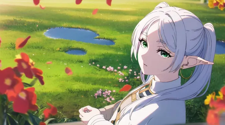 Anime girl with long white hair and green eyes standing in a field ...