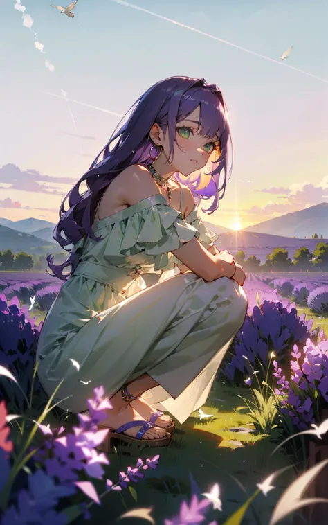 ((masterpiece)), ((ultra-detailed)), pixiv, best shadows, best lighting, best quality, absurdres, highres, cinematic shot, rim lighting, extremely detailed, ((full body)), ((depth of field)), ((foreground objects)), full body shot, 1girl, ((long wavey violet hair)), ((sage green eyes)), silver necklece and hoop earrings, ((squatting)), smelling a lavender, <lora:style_YoneyamaMaiSTD:1:FO>, <lora:clothesUpdate:0.7:FO>, Balenciaga outfit, long white dress, white sandals, <lora:glimmer-locon:0.8:FO>, glimmer, ((lavender field)), country side, village, houses, mountains, ((sunset)), (contrail), (birds in the distance)