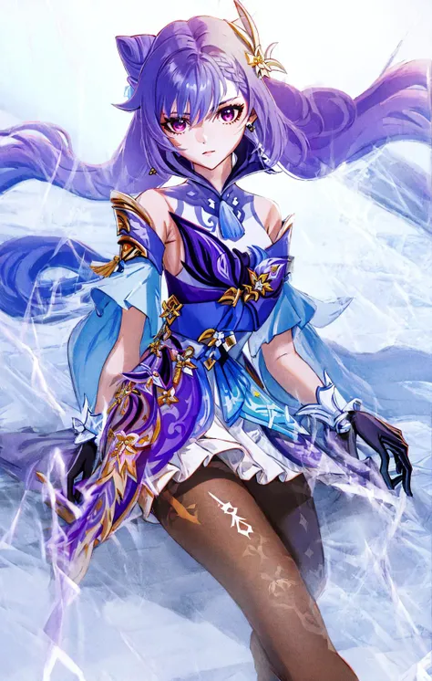 1girl, keqing (piercing thunderbolt) (genshin impact), keqing (genshin impact), pantyhose, hair bun, purple hair, gloves, twintails, long hair, purple eyes, diamond-shaped pupils, bare shoulders, hair ornament, black pantyhose, cone hair bun, detached sleeves,dress, jewelry, medium breasts, earrings, bangs, frills, purple dress, black gloves, braid, skirt,<lora:keqingGenshinImpact3in1_v10:1><lora:style_YoneyamaMaiSTD:1>