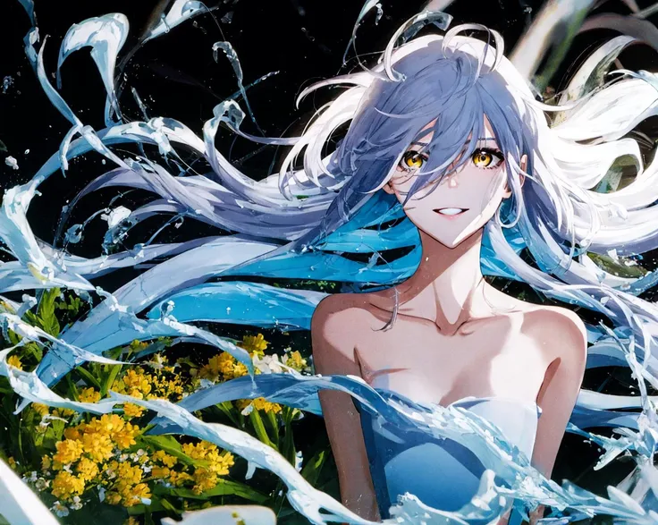 1girl, closed_mouth, liquid hair, wind, liquid, water, flower, bangs, bare_shoulders, black_background, close-up, collarbone, eyebrows_visible_through_hair, eyelashes, floating_hair, hair_between_eyes, long_hair, looking_at_viewer, silver_hair,simple_background, smile, solo, yellow_eyes<lora:style_YoneyamaMaiSTD:1>