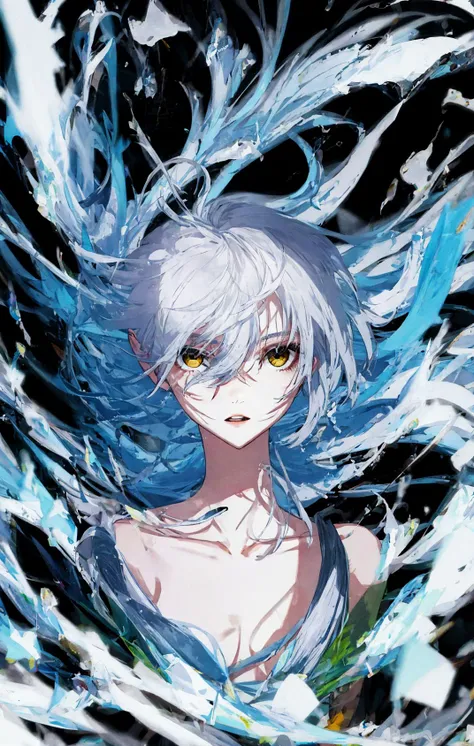 1girl, bangs, bare_shoulders, black_background, detailed_eyes, close-up, open_mouth, liquid_hair, yellow_eyes, collarbone, eyebrows_visible_through_hair, eyelashes, floating_hair, hair_between_eyes, long_hair, looking_at_viewer, messy_hair, silver_hair, simple_background, solo, yellow_eyes<lora:style_YoneyamaMaiSTD:1>