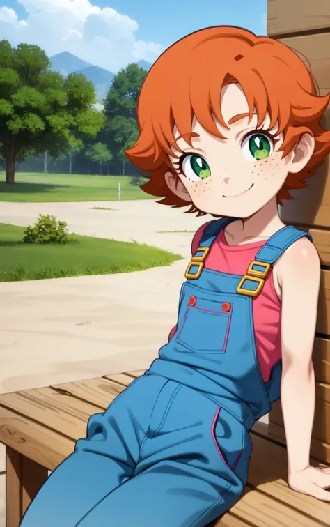 1girl,sxfrances,short hair,orange hair,green eyes,freckles,red overalls,blue_shirt,smile,solo,looking at viewer <lora:frances-v2:0.6>,nature,AS-Young,