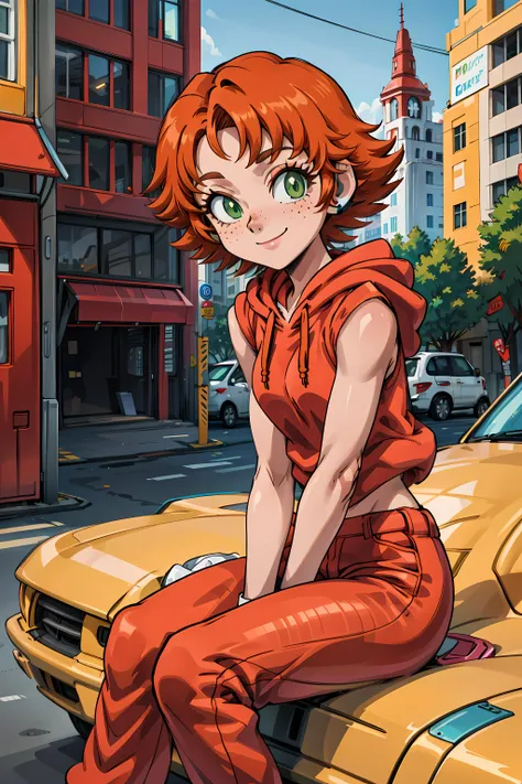 best quality, masterpiece,  (((sfw))),   <lora:frances-v2:0.8>, sxfrances, short hair, orange hair, green eyes, freckles, red shirt, blue hoodie, roll up sleeve, 1girl,solo,looking at viewer, smile, opened hoodie, red pants, white headphones, sitting, city background,