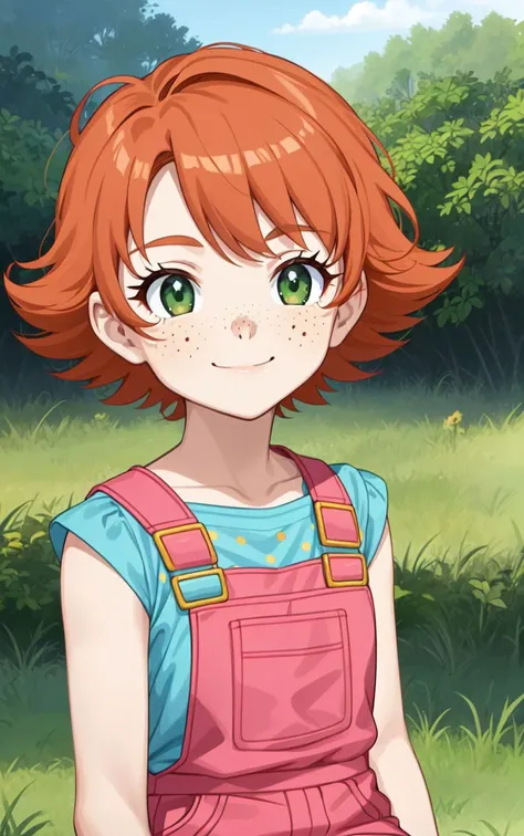 1girl,sxfrances,short hair,orange hair,green eyes,freckles,red overalls,blue_shirt,smile,solo,looking at viewer <lora:frances-v2:0.6>,nature,AS-Young,