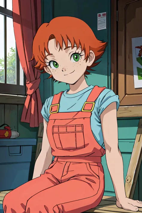 (best quality, masterpiece, RAW photo,ultra-detailed:1.2), <lyco:GoodHands-beta2:1.0>,, 1girl,solo,looking at viewer,smile,
 <lyco:frances-v2:0.8>short hair, orange hair, green eyes, freckles, red overalls, blue_shirt, sitting