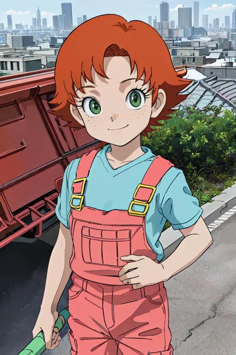 (best quality, masterpiece, RAW photo,ultra-detailed:1.2), <lyco:GoodHands-beta2:1.0>,, 1girl,solo,looking at viewer,smile,
<lyco:frances-v2:0.8>short hair, orange hair, green eyes, freckles, red overalls, blue_shirt, walking roof-top,from avoe, city, AS-YoungerV2