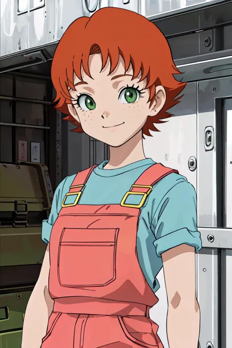 (best quality, masterpiece, RAW photo,ultra-detailed:1.2), <lyco:GoodHands-beta2:1.0>,, 1girl,solo,looking at viewer,smile,
 <lyco:frances-v2:0.8>short hair, orange hair, green eyes, freckles, red overalls, blue_shirt,