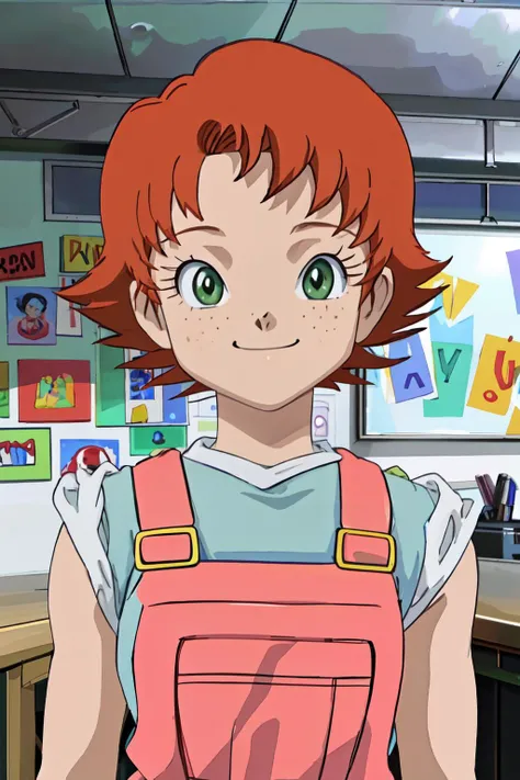 (best quality, masterpiece, RAW photo,ultra-detailed:1.2), <lyco:GoodHands-beta2:1.0>,, 1girl,solo,looking at viewer,smile,
<lyco:frances-v2:1.1>short hair, orange hair, green eyes, freckles, red overalls, blue_shirt,