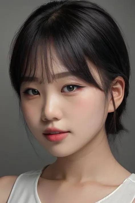 masterpiece, best quality, ultra-detailed, ultra high res, (photorealistic:1.4), raw photo, (realistic:0.2), 8k HDR, realistic lighting, 1girl, solo, looking at viewer, asymmetrical hair, (detailed oily skin), (detailed face), (simple gray background :1.1), (upper body:1.2), simple dress, sleeveless,