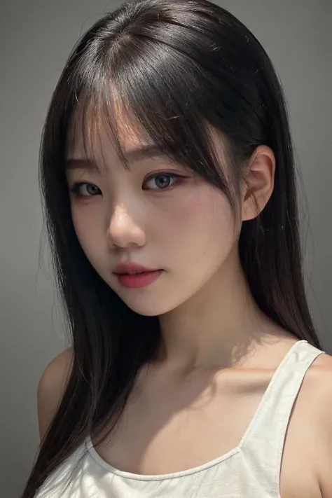 masterpiece, best quality, ultra-detailed, ultra high res, (photorealistic:1.4), raw photo, (realistic:0.2), 8k HDR, realistic lighting, 1girl, solo, looking at viewer, asymmetrical hair, (detailed oily skin), (detailed face), (simple gray background :1.1), (upper body:1.2), simple dress, sleeveless,