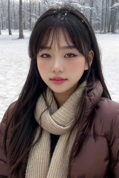 masterpiece, best quality, ultra-detailed, ultra high res, (photorealistic:1.4), raw photo, (realistic:0.2), 8k HDR, realistic lighting, 1girl, solo, asymmetrical hair, (detailed oily skin), (detailed face), (winter background :1.1), (upper body:1.2), winter jacket, thick brown scarf,