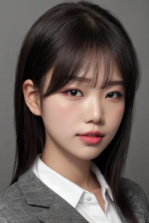 masterpiece, best quality, ultra-detailed, ultra high res, (photorealistic:1.4), raw photo, (realistic:0.2), 8k HDR, realistic lighting, 1girl, solo, looking at viewer, asymmetrical hair, (detailed oily skin), (detailed face), (simple gray background :1.1), (upper body:1.2), black suits, white collared shirts