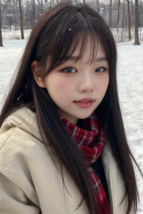 masterpiece, best quality, ultra-detailed, ultra high res, (photorealistic:1.4), raw photo, (realistic:0.2), 8k HDR, realistic lighting, 1girl, solo, asymmetrical hair, (detailed oily skin), (detailed face), (winter background :1.1), (upper body:1.2), winter jacket, thick brown scarf,