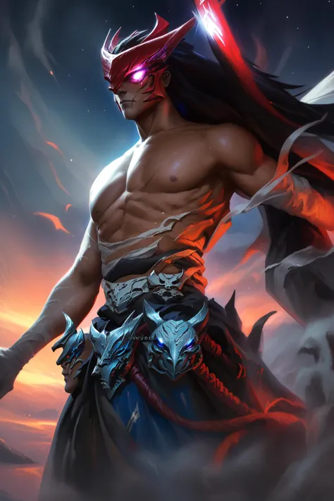 (Masterpiece:1.2), (best quality:1.2), (illustration:1.2), absurdres, <lora:Yone_v1:1>, Yone(Azakana), Demon mask, half-Demon, topless male, fighting stance, upper body, cowboy shot, night, night sky
