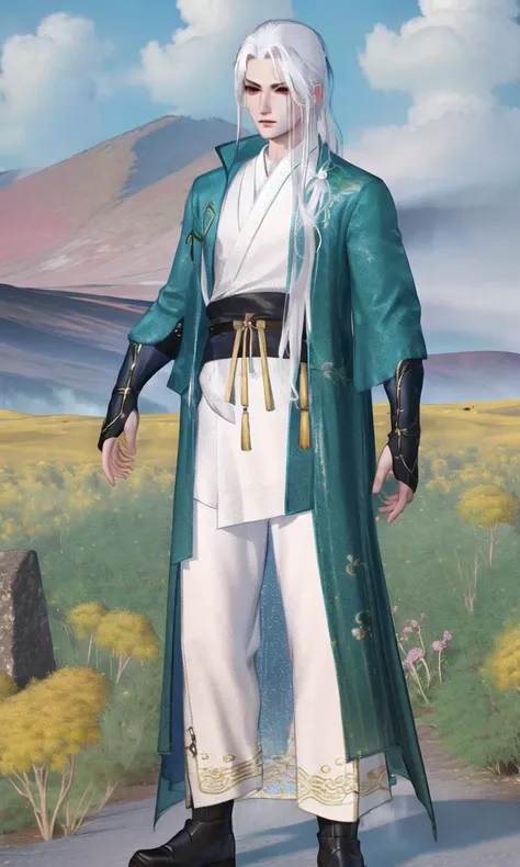 male focus, 1boy, solo, long hair, white hair, chinese clothes, full body, long sleeves, standing, mountain, outdoors, flower, sky, realistic,<lora:Justice-000018:1>