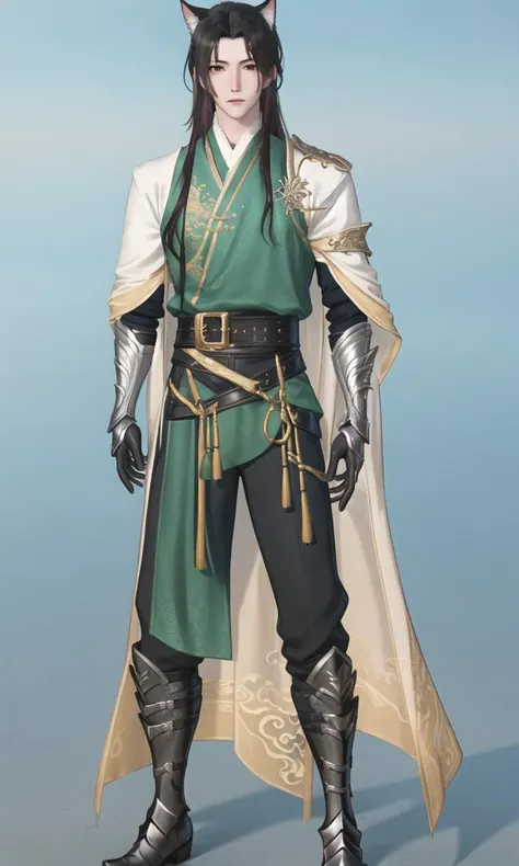 solo, black hair, 1boy, male focus, cat ears, handsome face, standing, boots, long hair, belt, looking at viewer, full body, gauntlets, blue background, realistic, black footwear, chinese clothes, gloves, closed mouth, armor, brown eyes,<lora:Justice-000018:0.8>