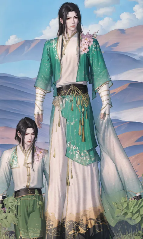 male focus, 1boy, solo, long hair, black hair, chinese clothes, full body, long sleeves, standing, mountain, outdoors, flower, sky, realistic,<lora:Justice-000018:1>