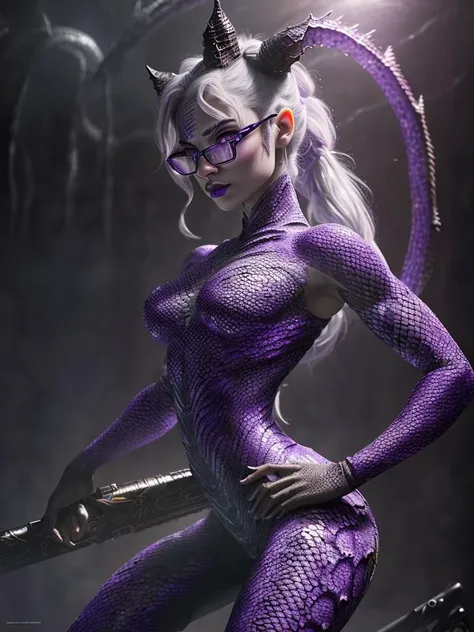 ultra detailed abstract photography of a cute pale draconian m1sc4tonic girl in full body pose, mix of dragon and girl, half dragon, silver ponytail with strands hair, (masterpiece), realistic, beautiful face, cinematic light, (beautiful purple cat eyes:1.3), perfect anatomy,dragon horns,
fine detailed silver crescent glasses, pointy ears, cowboy shot, medium breasts, (blackish scaly skin:1.3),black lips, black eye shadow,
hyperdetailed painting, luminism, 4k resolution,
Soft Lighting, Photographic Realism,
3d rendering, octane rendering, <hypernet:m1sc4tonic-2250:.9>