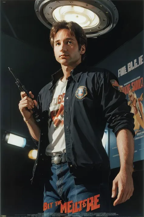 (masterpiece:1.2, best quality:1.2), 1980s, poster, <lora:80s Movieer Style v2:0.8> 80s movie post-files, ufo, 1boy, solo, Mulder, black suit, <lora:Mulder:1.1>