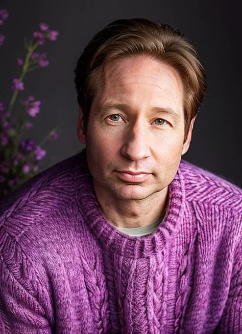 portrait of Mulder, :q , wearing sweater , with Mohawk , background field of flowers epic (photo, studio lighting, hard light, sony a7, 50 mm, matte skin, pores, colors, hyperdetailed, hyperrealistic), <lyco:Mulder:1.1>