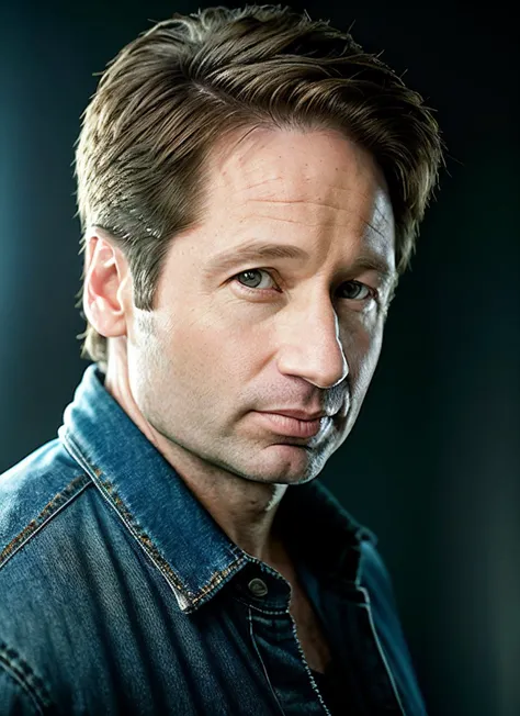 portrait of Mulder, thoughtful , wearing jeans , with Faux hawk , background war epic (photo, studio lighting, hard light, sony a7, 50 mm, matte skin, pores, colors, hyperdetailed, hyperrealistic), <lyco:Mulder:1.1>