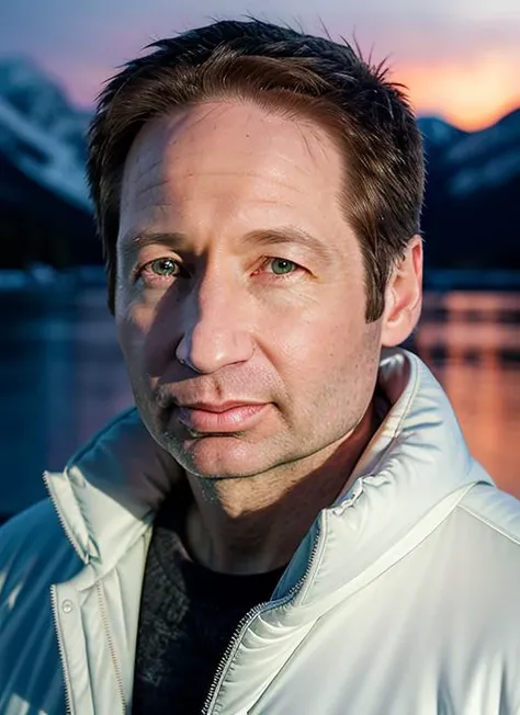 portrait of Mulder, determined , wearing jacket , with Bald or shaved head , background frozen lakeside epic (photo, studio lighting, hard light, sony a7, 50 mm, matte skin, pores, colors, hyperdetailed, hyperrealistic), <lyco:Mulder:1.1>