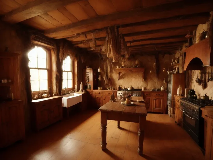 medieval kitchen, stone walls, stone fireplace, hanging pots, hanging baskets, center rectangular table