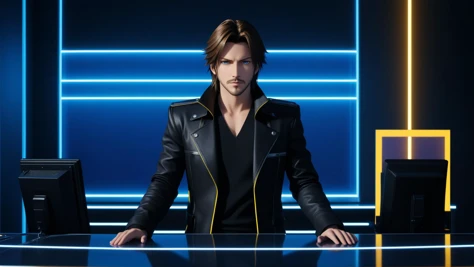 1boy, Final Fantasy VIII, Justin Maier as Squall Leonhart standing near a desk facing the camera, facial hair, stubble, looking at viewer, indoors, professional office, a singular professional CEO desk, minimalist, blue and yellow theme with neon, vaporwave gradient lights, futuristic, dusk theme, movie still, yellow track lights, electric light wires, neon outlines, centered, cinematic lighting, close-up, foreshortening, dark, dark background, desktop wallpaper, masterpiece, best quality