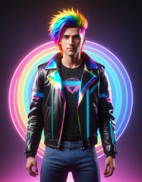 1boy, synthwave, vaporwave, synthwave punk, nvinkpunk, masterpiece, best_quality, ultra-detailed, epic, illustration, render, volumetric lighting, LoFi Aesthetic, Neon Rainbow Cyberpunk man, leather jacket, rainbow hair, tshirt, jeans, fantasy, lens flare, light leak, prismastic, Unreal Engine 5, side-lighting, realistic, cinematic lighting, rim lighting, cinematic angle, foreshortening, dark, dark background, masterpiece, best quality