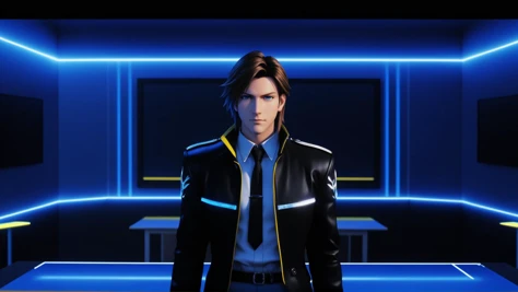 1boy, Final Fantasy VIII, Justin Maier as Squall Leonhart standing near a desk facing the camera, looking at viewer, blue and yellow theme with neon, indoors, professional office, a singular professional CEO desk, minimalist, vaporwave gradient lights, dusk theme, movie still, electric light wires, neon outlines, centered, cinematic lighting, close-up, foreshortening, dark, dark background, desktop wallpaper, masterpiece, best quality