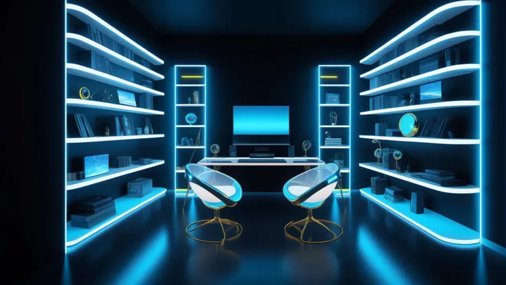 Interior photography, extreme light and shadow, a futuristic white closet with a gold and blue gradient light on the shelves and a white door, futurism with a minimalist touch, holographic music vibes, soft blue gradient, small yellow neon track lights, yellow and blue theme, floating computer desk with transparent holographic computer screen, mesh neon ball lights, liminal horror shadodws, minimalist, floating futuristic transparent holographic bookshelf, studio lighting, 32k UHD, ultra sharp, extremely detailed movie scene, movie still, cinematic, wide shot , outrun, electric light wires, neon outlines, cinematic angle, cinematic lighting, foreshortening, dark, dark background, masterpiece, best quality