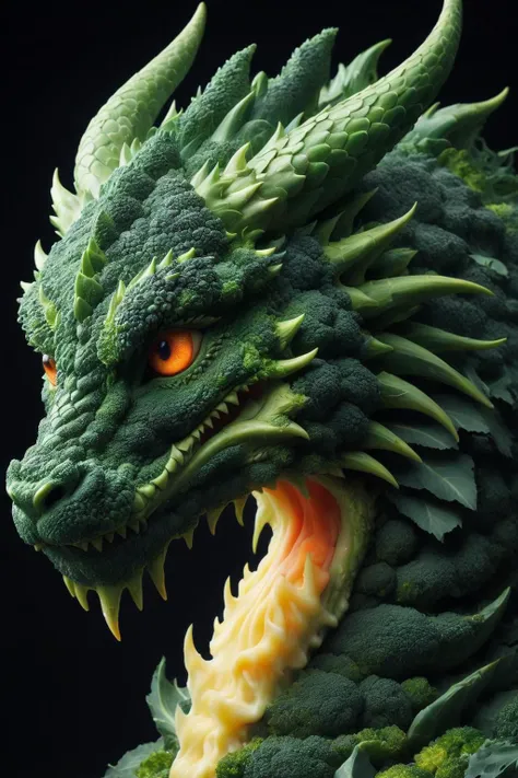 dragon with smoldering scales made of brccl, intricate details, symbols, abstract, realism, sharp focus, masterpiece, sharp details, sfw, focus on face, <lora:brccl:0.8>