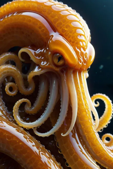 kraken with slimy tentacles made of dvr-honey, intricate details, symbols, abstract, realism, sharp focus, masterpiece, sharp details, sfw, focus on face, <lora:HoneyStyleV2:0.8>