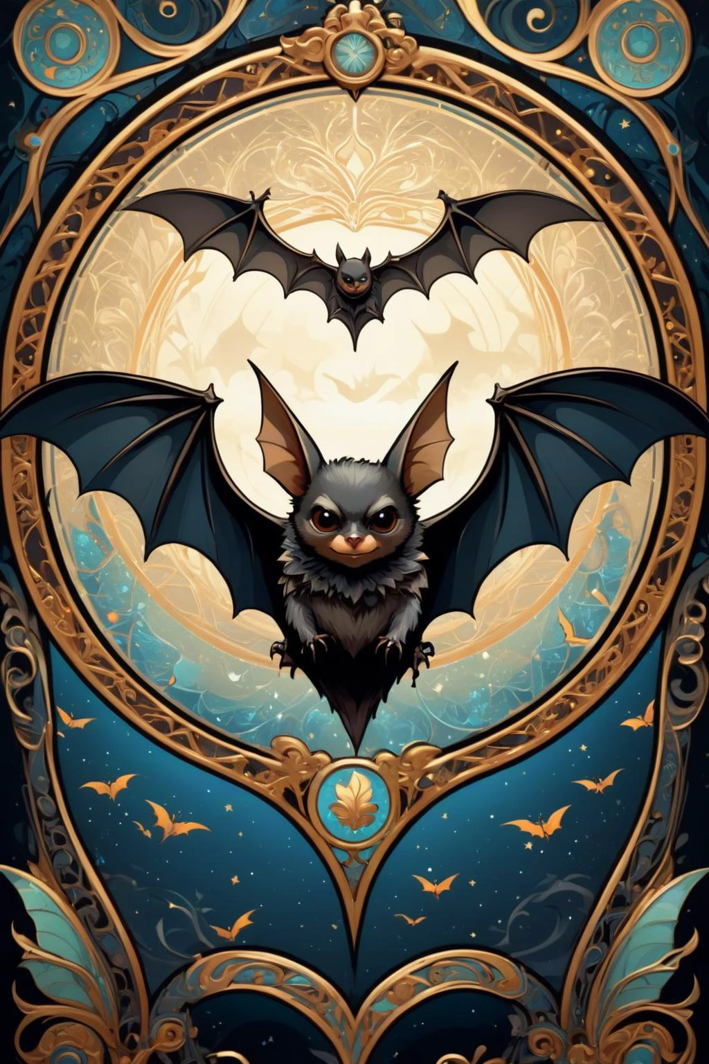 bat with enchanting flight made of cartoon, intricate details, symbols, abstract, realism, sharp focus, masterpiece, sharp details, sfw, focus on face, <lora:ccxl-mucha_lora_vA1:1> ccxl-mucha, art style