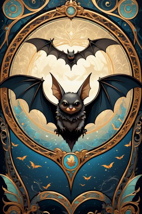 bat with enchanting flight made of cartoon, intricate details, symbols, abstract, realism, sharp focus, masterpiece, sharp details, sfw,  focus on face,   <lora:ccxl-mucha_lora_vA1:1> ccxl-mucha, art style