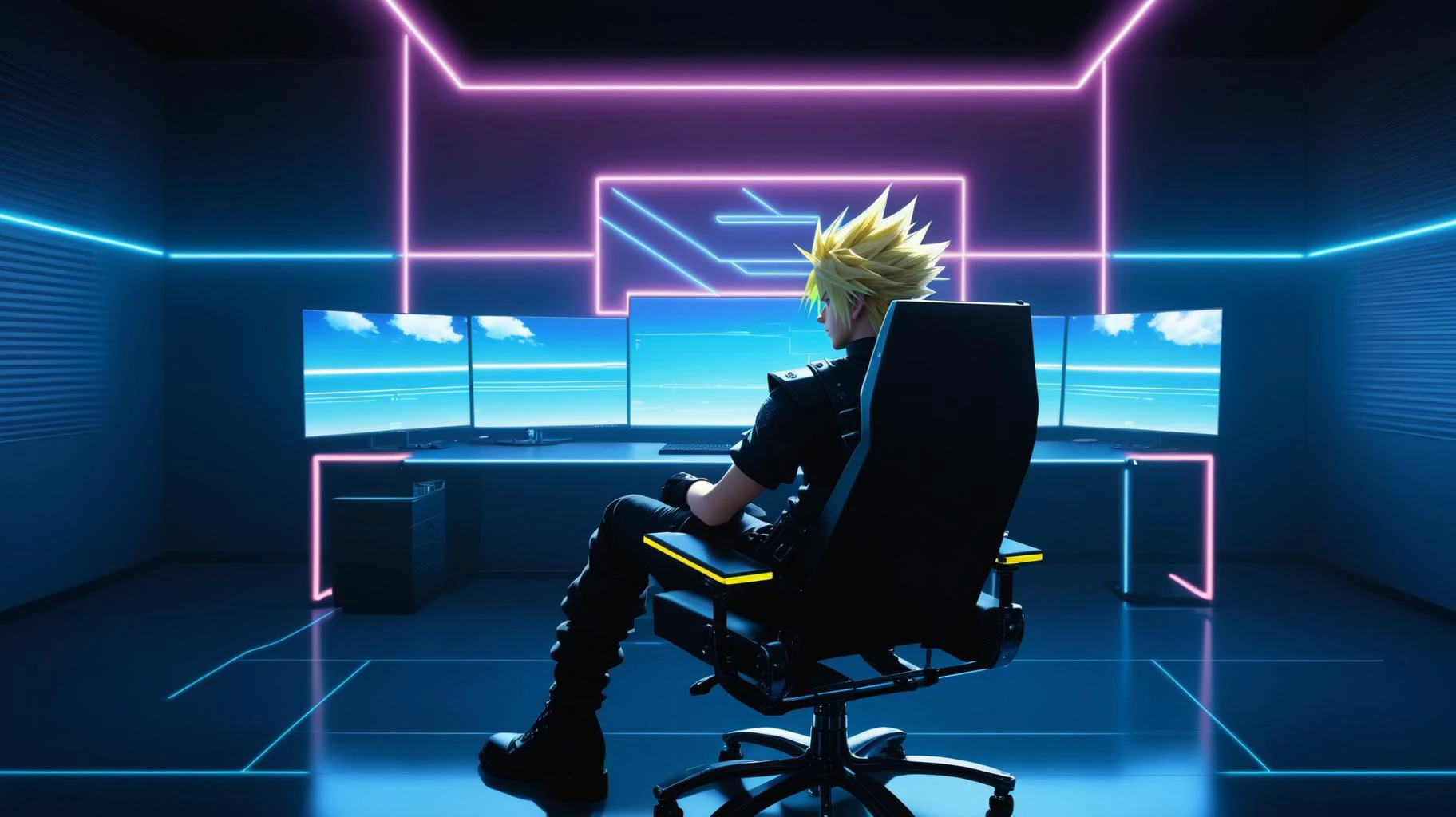 1boy, Final Fantasy VII, Cloud Strife sitting in an office chair, blue and yellow theme with neon, indoors, professional office, a singular professional CEO desk, minimalist, vaporwave gradient lights, dusk theme, movie still, electric light wires, neon outlines, centered, cinematic lighting, foreshortening, desktop wallpaper, realistic, masterpiece, best quality