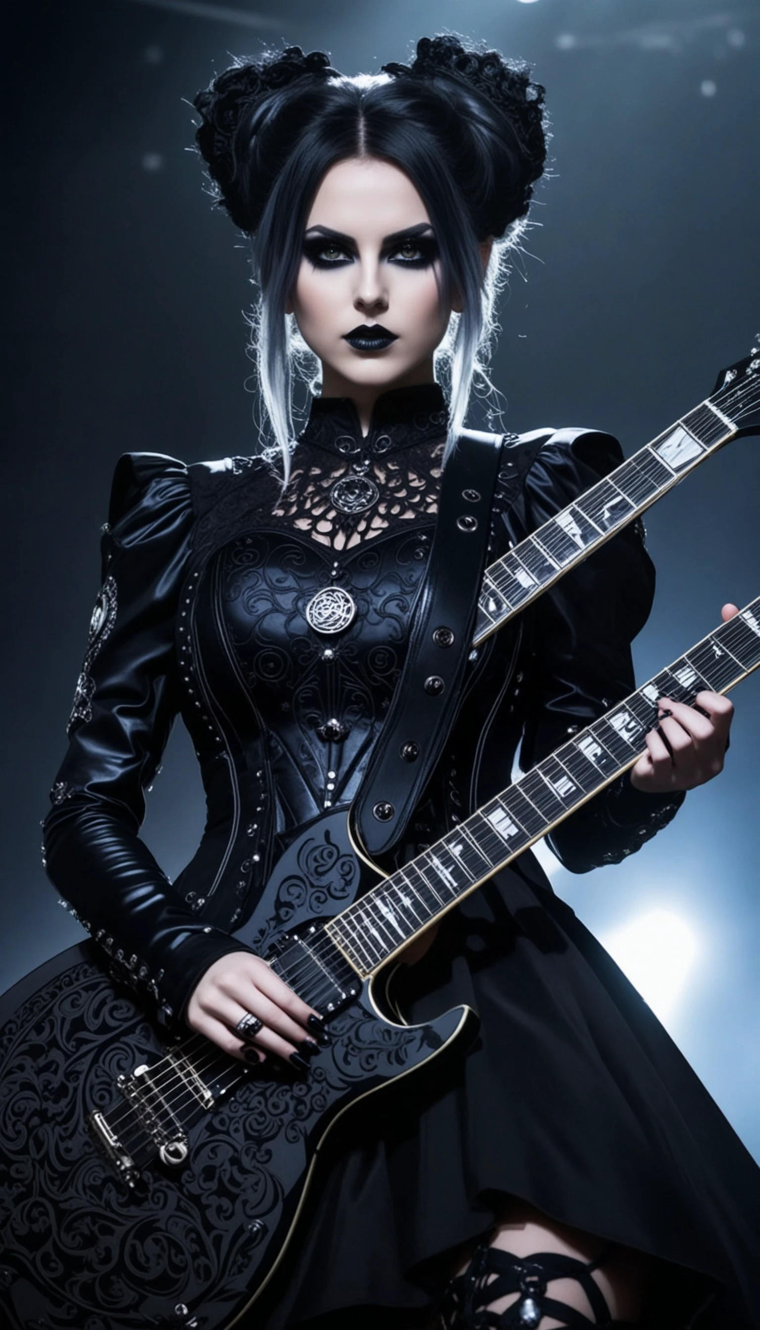 swedish metal rock girl holding a guitar, intense stare into camera, with gothic make-up, intricate details, highly detailed eyes, fancy hair and dark gothic dress, flash photo, on stage, intricate details