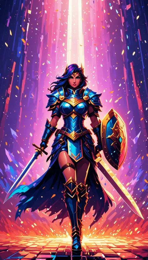 Pixel art of a fierce female warrior with a sword and shield in a fantasy setting, featuring vibrant colors, dynamic lighting, and a dramatic, epic mood