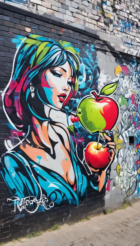 graffiti of a woman eating an apple in a wall, street art, vibrant, urban, detailed, tag, mural