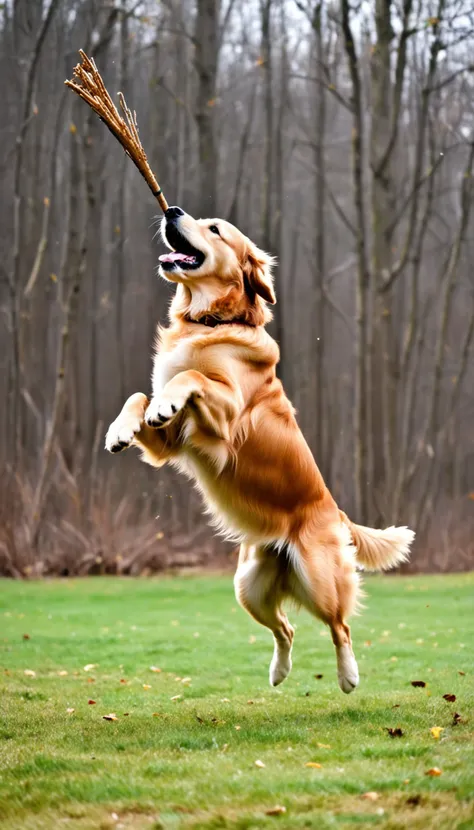 Golden retriever jumping to catch a stick