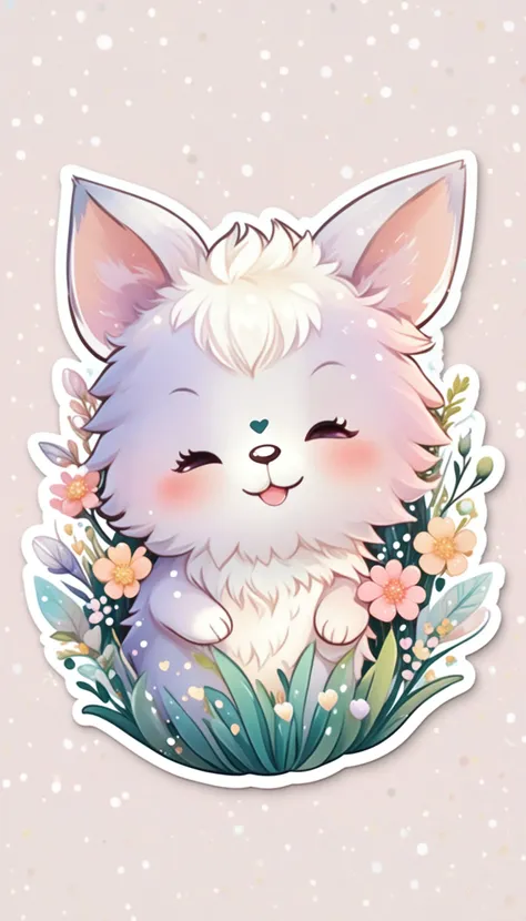 Sticker of a cute, round little animal with big, sparkling eyes and a gentle smile on its face. It has soft, pastel-colored fur. The small critter is surrounded by dainty, heart-shaped flowers in complementary pastel shades, adding to the sticker's overall charm.The white background provides the perfect canvas for this adorable creature, allowing its pastel features to pop and catch the eye. The sticker design exudes a warm and playful energy, making it an endearing addition to any item it adorns.